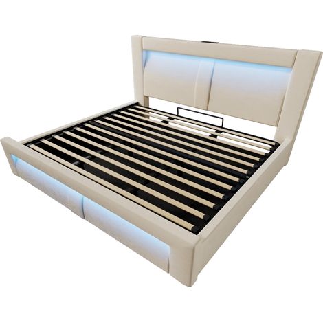 Lit coffre 180x200 cm en velours beige avec LED, ports USB et USB-C, HOMVRA (1/5)