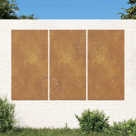 Le Poisson Qui Jardine – Plaque décorative murale triptyque 105 cm – Acier Corten résistant aux intempéries – Motif soleil découpé au laser (1/5)