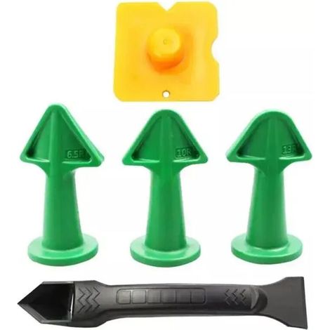Ensemble d'outils manuels 5 pièces comprenant un applicateur de calfeutrage, une spatule, une pelle et un embout pour colle plastique, ainsi qu'un dissolvant pour silicone pour carrelage, brique et so