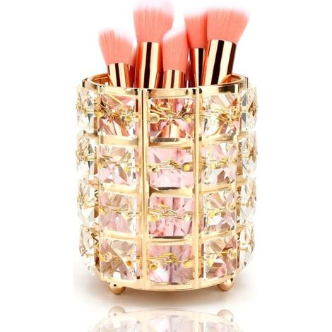 Crystal Makeup Brush Holder, Crystal Storage Pencil Pot Pen Holder Makeup Tool Organizer Brush Holder Round Shape (Gold)