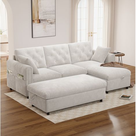 Ecksofa aus Samt mit umkehrbarer Chaiselongue und Stauraum-Hocker Beige HAVRYA (1/5)