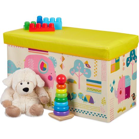 Relaxdays Sitzbox Kinder, faltbare Aufbewahrungsbox mit Stauraum, Deckel, Motiv Tiere, Jungen & Mädchen, 50 Liter, gelb