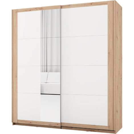 Guardaroba 2 Ante Bujumb, Armadio Camera da Letto 2 Ripiani, Appendiabiti, Apertura Scorrevole, 195x218h cm Bianco Opaco