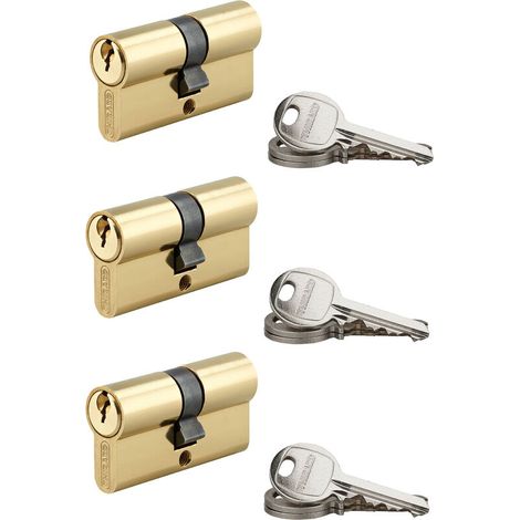 Lot de 3 cylindres SA laitonné 30x30mm s'entrouvrant 9 clés – Cylindres compatibles pour serrure – Matériau résistant à la corrosion (1/2)