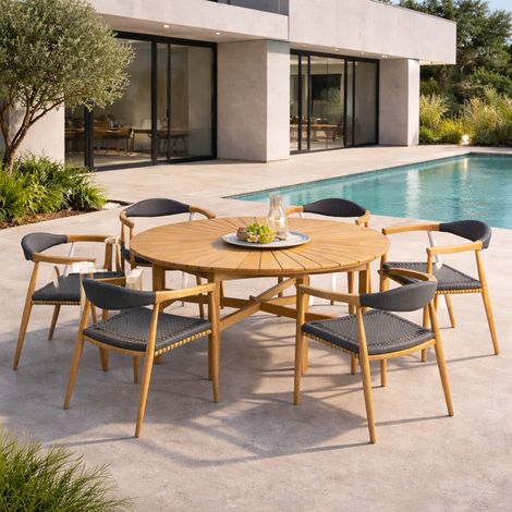 Ensemble table ronde en teck et 6 fauteuils en teck et corde