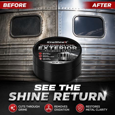KineShineX train stainless steel shell polishing compound removes oxidation, dullness, and surface dirt, restoring a metallic mirror finish. (1/4)