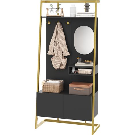 Armadio moderno e minimalista, mobile contenitore multifunzionale aperto con specchio, ganci in metallo, appendiabiti con panca per scarpe, armadio, scarpiera, appendiabiti