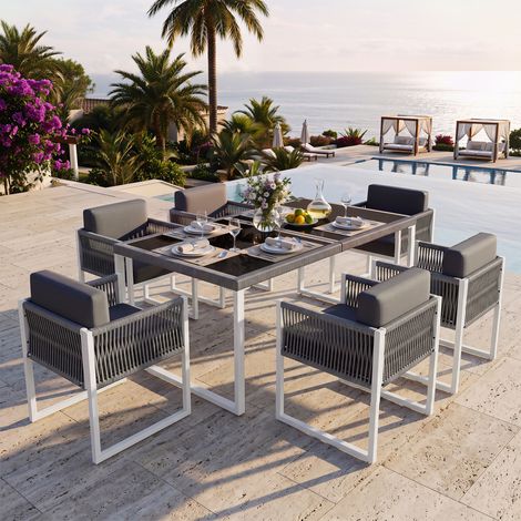 Ensemble de salle à manger en corde, mobilier de jardin, ensemble repas de jardin 6 personnes avec fauteuils, housse en tissu amovible et lavable (1/5)