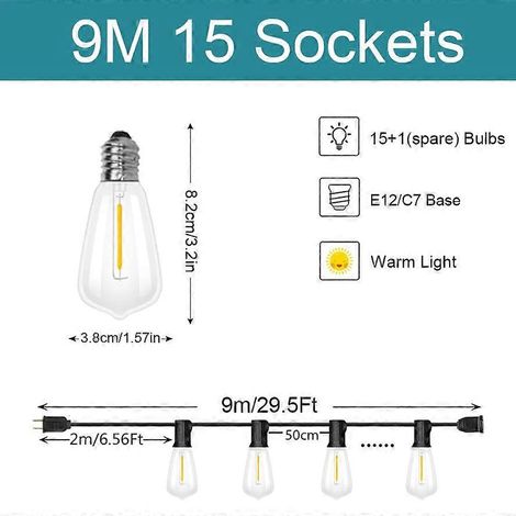 Guirlande lumineuse d'extérieur ampoules LED ST38 pour patio terrasse garden-party prise US 9 m 15 ampoules (1/5)