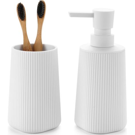 Lot de 2 accessoires de salle de bain - Distributeur de savon de 250 ml et gobelet à dents - Design moderne rainuré en plastique ABS - Pour lavabo et étagère de salle de bain - Blanc (1/5)