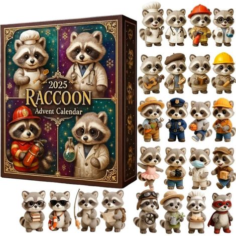 Calendrier de l'Avent Raton laveur et métiers avec compte à rebours de Noël de 24 jours et décorations suspendues en acrylique représentant des ratons laveurs pour sapin de Noël et collection