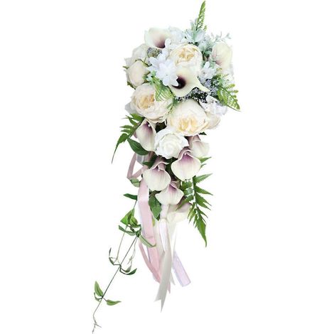 Bouquet de mariée cascade, style goutte d'eau, composé de callalis artificiels ivoire et blanc dégradé violet, avec ruban.
