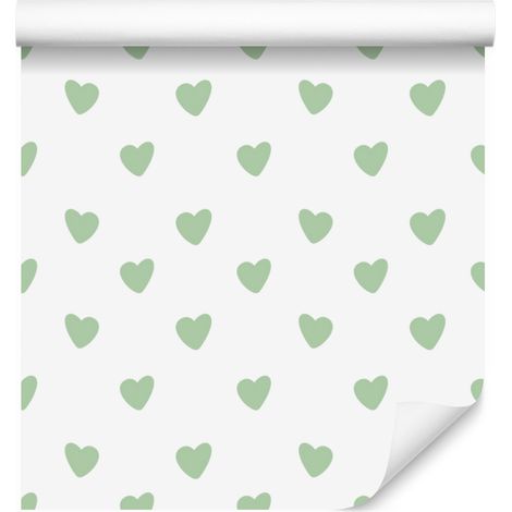 Papier peint à motifs de cœurs, blanc, menthe, vert et gris clair, 50 x 1000 cm (1/5)