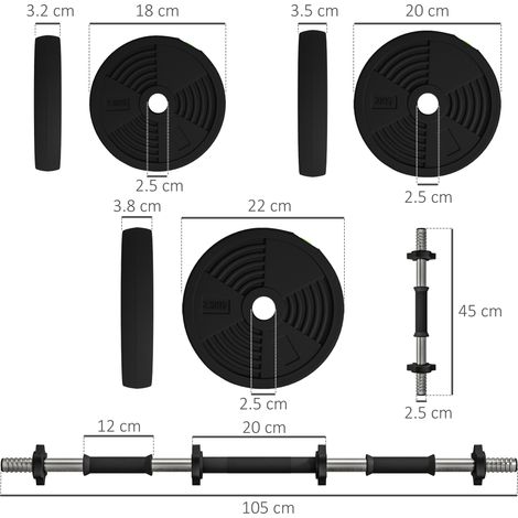 Ensemble 2 en 1 qui transforme deux haltères en une barre d'haltères, poids total 25 kg, avec disque de réglage du poids, noir. (1/5)