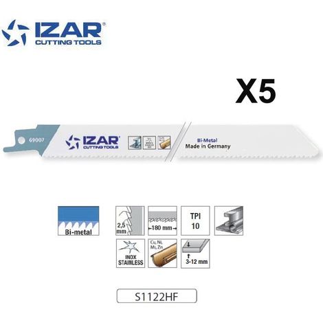 Lame scie sabre Izar S1122HF bimétal (x5) pour inox 200 mm 10TPI