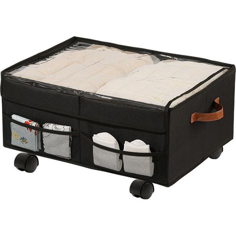 Boîte de rangement à roulettes en tissu Oxford, grande capacité, anti-poussière, à glisser sous le lit, noire, 57 x 43 x 31 cm, lot de 1 avec roulettes (1/5)