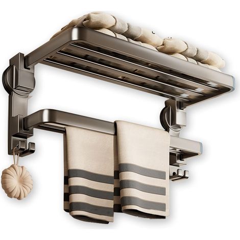 Handtuchhalter zur Wandmontage mit Saugnapf, ohne Bohren, 90° klappbar, 7 Haken, doppellagig, 60 cm, schwarz