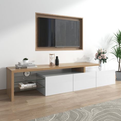 Meuble tv blanc brillant effet bois étagères verre éclairage led rangement pratique (1/5)
