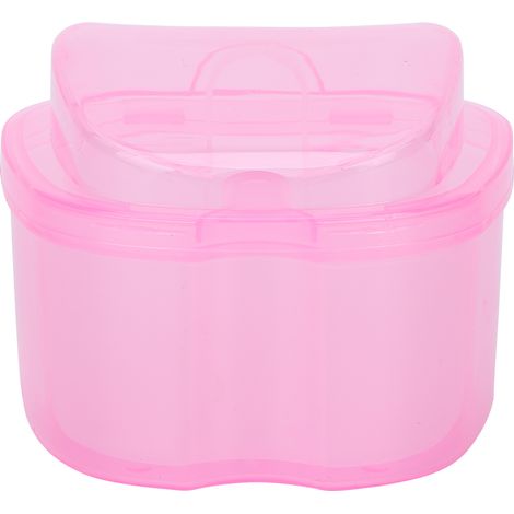 Boîte de rangement pour dentier rose avec panier égouttoir, coffret de trempage et nettoyage pour prothèses dentaires colorées, container pratique pour bain et stockage. (1/5)