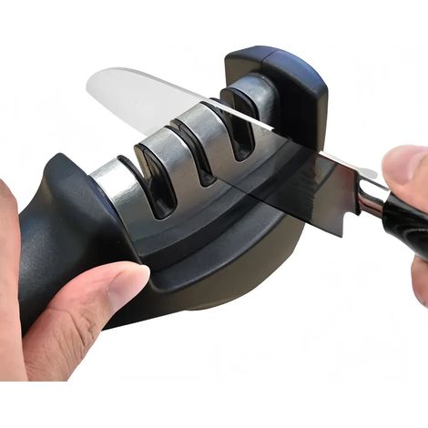 Affilacoltelli, base antiscivolo, materiale resistente, affilacoltelli manuale professionale a tre sezioni con diamante, adatto per coltelli in acciaio affilati, nero. (1/2)