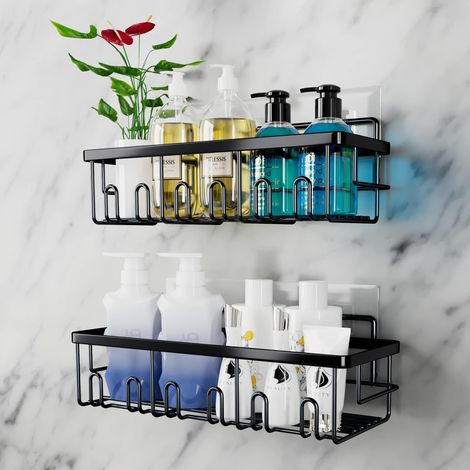Etagere Douche Sans Percage, Lot de 2 Etagère Douche Paniers Rangement D'organisateur de Douche Mural Support avec 6 Crochets pour Cuisine et de Salle de Bain (Noir) (1/4)