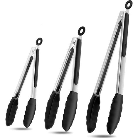 3 Piece Kitchen Tongs Stainless Steel and Silicone BBQ Tongs Heat Resistant Non-Slip Suitable for Deep Fryer Toaster Tongs Food Tongs (1/5)