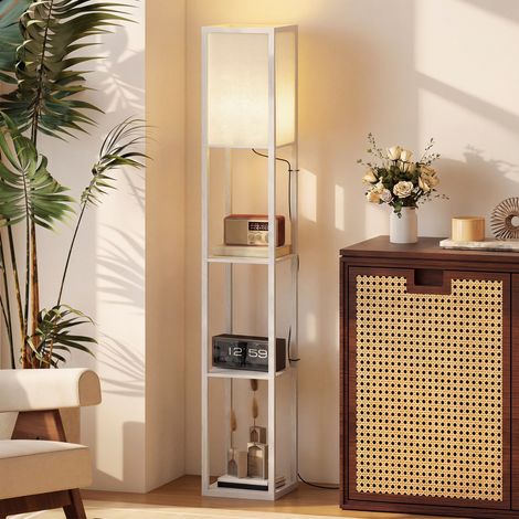 Lampadaire avec 3 étagères intégrées, douille E27 puissance 40W, meuble moderne en MDF blanc, 26x26x160cm (1/5)