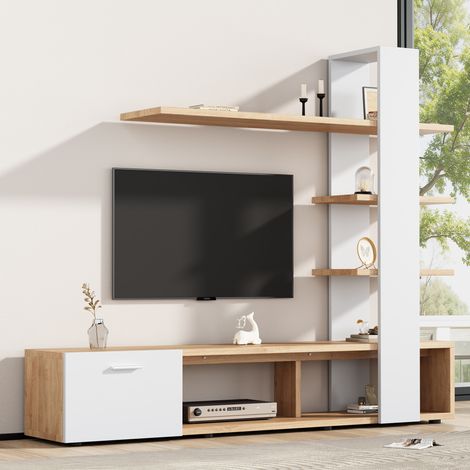 meuble tv rangement mural 180 cm blanc bois HAVRYA (1/5)