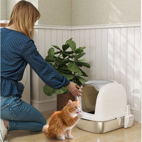 Lettiera per Gatti in Acciaio Inox con Coperchio, Vasca e Paletta, Bianca, 52,4 x 41,3 x 42 cm (1/5)