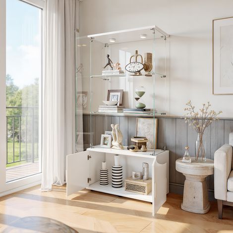 Vitrine en Verre avec Éclairage tactile, Meuble Vitrines avec 2 Porte 3 étagères Verre et un meuble inférieur, Armoire vitrine, pour chambre, salon et salle à manger, 78 x 35 x 164 cm, Blanc (1/5)