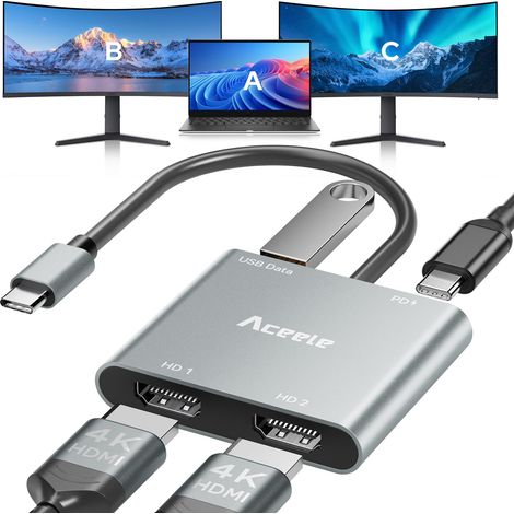 Hub USB C vers Double HDMI 4K@60Hz, Adaptateur USB-C Multiport avec 2 Ports HDMI, Charge PD 100W et Port USB, Compatible avec ordinateurs Windows, Chromebook et Appareils USB-C (1/5)