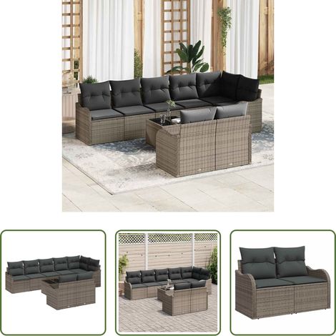 vidaXL Mobilier extérieur - Ensemble de canapé de jardin avec coussin 9 pcs Gris Poly rotin (1/5)