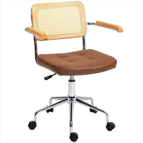 Chaise de bureau en rotin et simili marron, assise réglable et basculante, 60x55,5x82-90 cm (1/5)