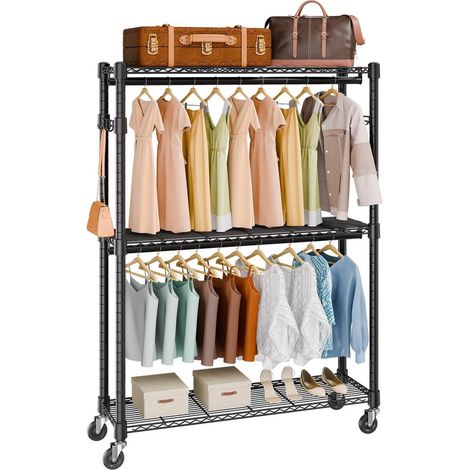 Mobile sur Roulettes Portant à Vêtements en Acier Penderie Vestiaire 2 Tringles 3 Étagères 182 kg (1/5)