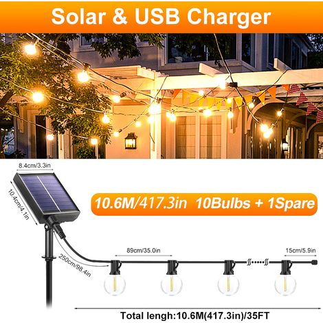 Guirlande lumineuse LED solaire d'extérieur - 10,5 m - 10 lumières 35 pi [Modèle solaire] Idéal pour les jardins, les mariages et les décorations de balcon [Classe énergétique A]