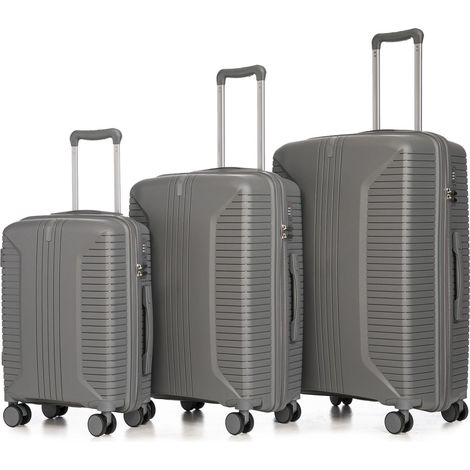 Ensemble de 3 valises à roulettes pivotantes en PP 20"/24"/28" – tailles avec poignées latérales, crochets de suspension et pieds de protection – cadenas à combinaison intégré (argent)