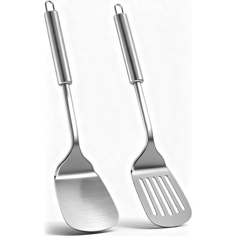 2 pcs Spatule Inox Cuisine- Ustensiles Robustes Résistants Chaleur- Pelle Ajourée Argent- Passe Lave-Vaisselle (1/4)
