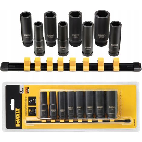 Set de 8 Nasadkas de Impact DeWalt DWMT86090-0, 1/2", vor allem in Anwendungen de Anziehen de hohem Drehmoment, hergestellt aus de hochfestem Stahl mit schwarzem Finish für Haltbarkeit.