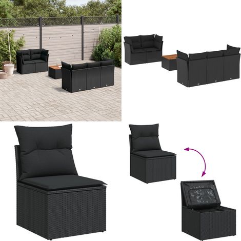6-tlg. Garten-Sofagarnitur mit Kissen Schwarz Poly Rattan - Gartenmöbel Set - Esstischgarnitur - Outdoor Möbel - Lounge Sofa - Rattan Gartenmöbel - Home & Living (1/5)