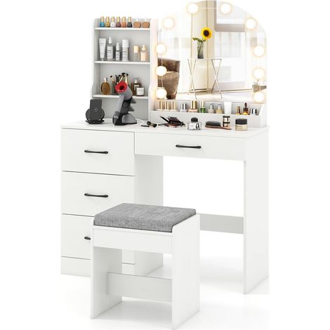 COSTWAY Toeletta da Trucco con Luci, Set Tavolo da Trucco e Sgabello con Stazione di Ricarica, Luci LED Regolabili a 3 Colori, 4 Cassetti e Ripiani di Stoccaggio Aperti (1/5)