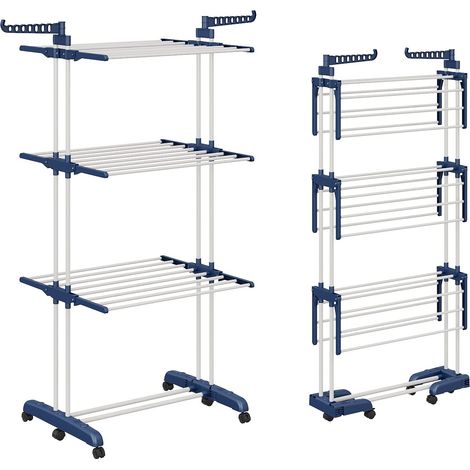 Étendoir à Linge Tour Pliable avec 6 Ailes Pliables sur 3 Niveaux, Longueur 66-130 cm, Pieds pliants pour économiser de l'espace à l'intérieur et à l'extérieur de la Maison (Bleu et Blanc) (1/5)