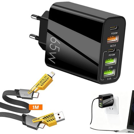 Chargeur USB C Rapide 65W 5 Ports, Prise USB C Multiple avec 2 USB C+ 2 USB A+ 1 QC 3.0, Adaptateur Secteur avec Câble Multi USB 4 en 1 (1M) pour iPhone 17/16/15/Pro/Pro Max, S-amsung Galaxy, Huawei