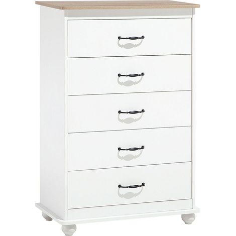 Commode de Type Chiffonnier Blanc avec Plateau Imitation Bois Composé de 5 Tiroirs aux Motifs Différent Design Moderne 117 cm de Hauteur Beliani