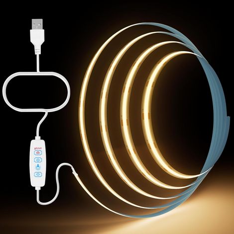 1m Ruban Led COB USB 5 V, Blanc Chaud à Intensité Variable CRI85+ Bandeau Led 8mm Pour fond TV, Cuisine, Chambre, Fête, éclairage de Décoration DIY Bande Lumineuse Led (Warm White 1m) (1/5)
