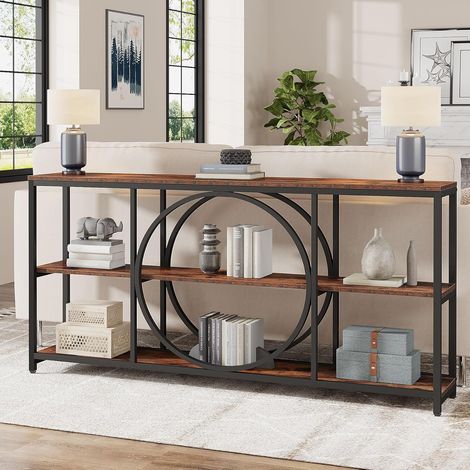 Tribesigns Extra Long Console Table, 70.9 inch Narrow Sofa Tables with 3 Tier Wood Storage Shelves Industrial Metal Frame for Entryway Hallway Living Room Behind Couch, Rustic Brown Black
