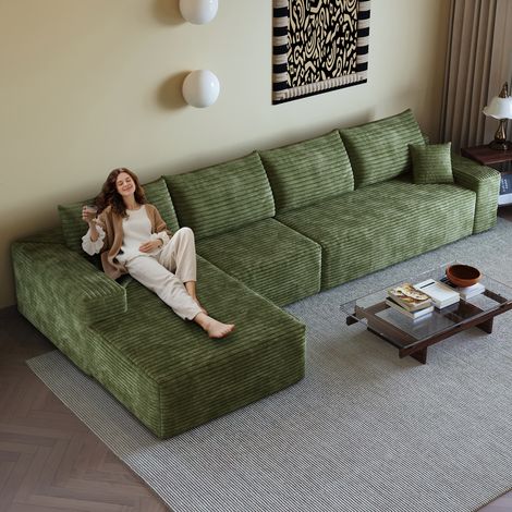 Canapé d'angle 3 places 340 cm, canapé 3 places tissu en velours côtelé vert, canapé 3 places salon modulaire avec méridienne en L, assise profonde, sans montage, livré en 3 colis, 62,7 kg