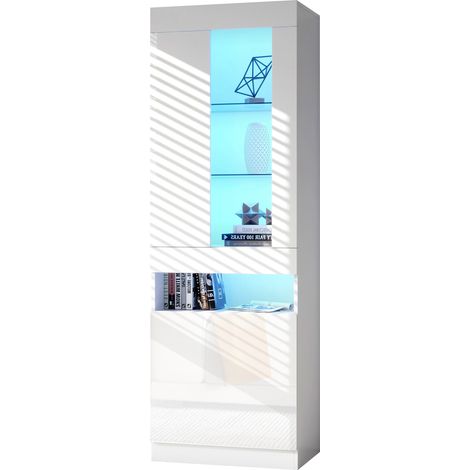 Vitrine LED Blanche 50x40x180 cm, Armoire de Salon Moderne avec Éclairage Bluetooth et Tiroir, Meuble Vitrine d'Exposition pour Séjour