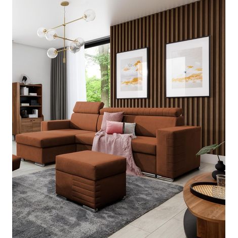 Ecksofa Schlafsofa inkl. Hocker CANTON Stoff Camelia Rostbraun Ottomane Links (1/4)