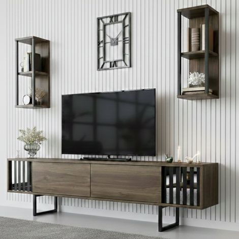 Dmora - Mueble de televisión Ananke, Aparador de salón, Mueble bajo para TV, Base de pared equipada, 180x30h48 cm, Nogal y Negro, con embalaje reforzado (1/5)