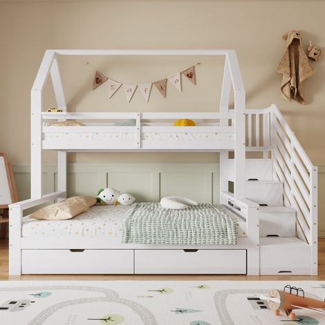 Etagenbett Kinderbett mit Treppenschrank und Schubladen, Hausbett 90x200 & 140x200 cm, Familienbett aus Kiefer Holz mit Rausfallschutz, Weiß (1/5)